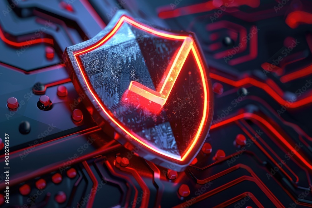 Poster A close-up shot of a computer circuit board with a lit-up shield on top, useful for technology and innovation illustrations