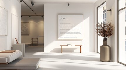 A gallery exhibition poster template, minimalist in style with ample white space, small text for details, and a large area for featured artwork.
