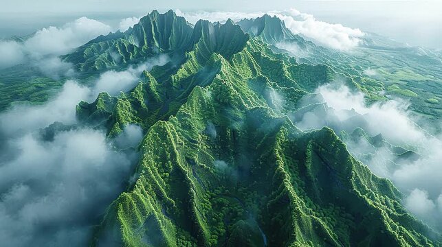 Tropical landscape scenery of green mountains with clouds, helicopter view shoot from above. HD 4k video footage of nature for advertisement, company campaign. Celebrating World Environment Day.