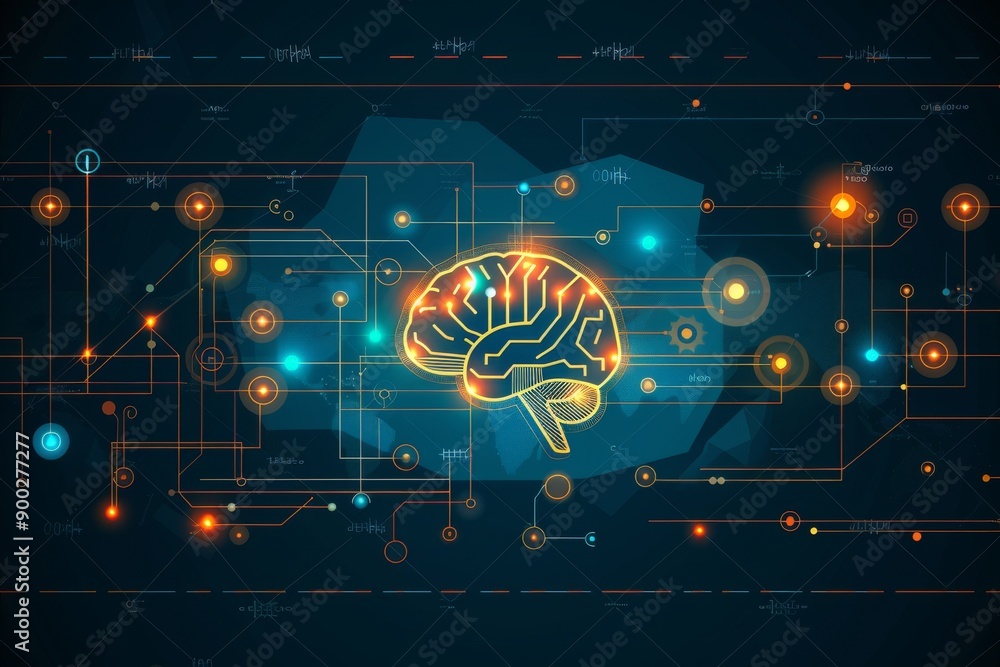 Poster brain with glowing neural pathways and technological connectivity