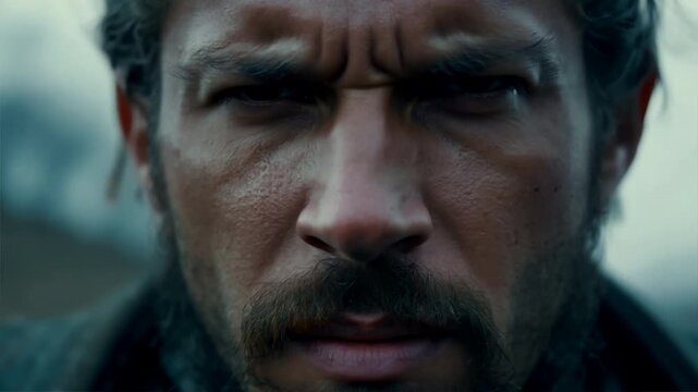 warrior face, showcasing his fierce expression and the battle scars.