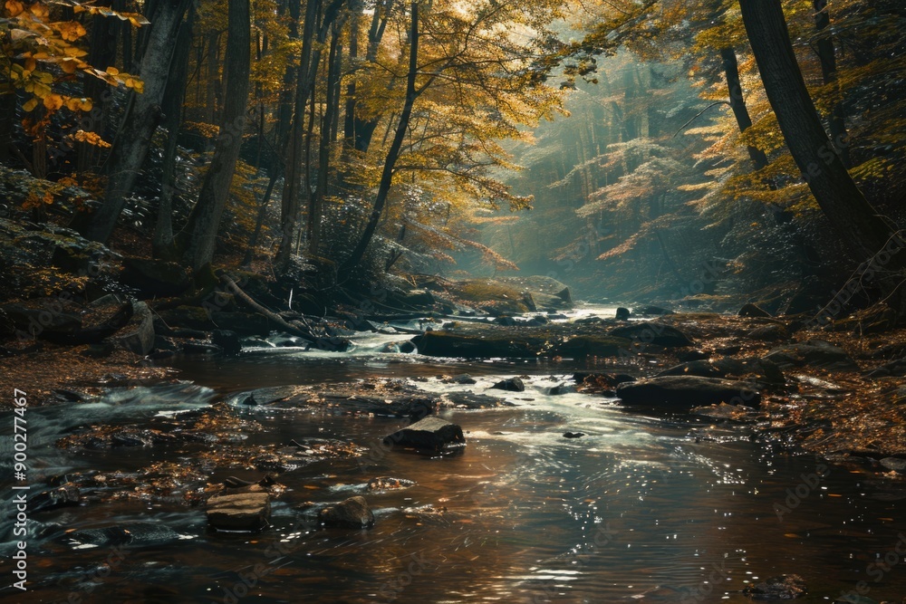 Poster A serene forest scene with a gentle stream flowing through tall trees