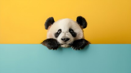Fototapeta premium Cute Panda Peeking Over a Blue and Yellow Wall