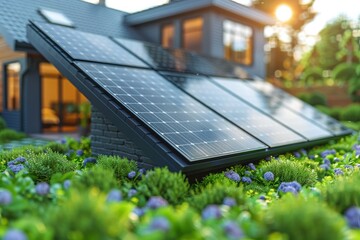 Fototapeta premium Close-up of solar panels on a modern house roof, surrounded by lush green vegetation and purple flowers, with a warm sunset glow reflecting off the panels.