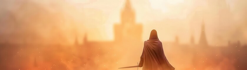 Fototapeta premium Silhouette of a cloaked figure wielding a sword, standing before a mysterious misty fortress at dawn, embodying fantasy and adventure.