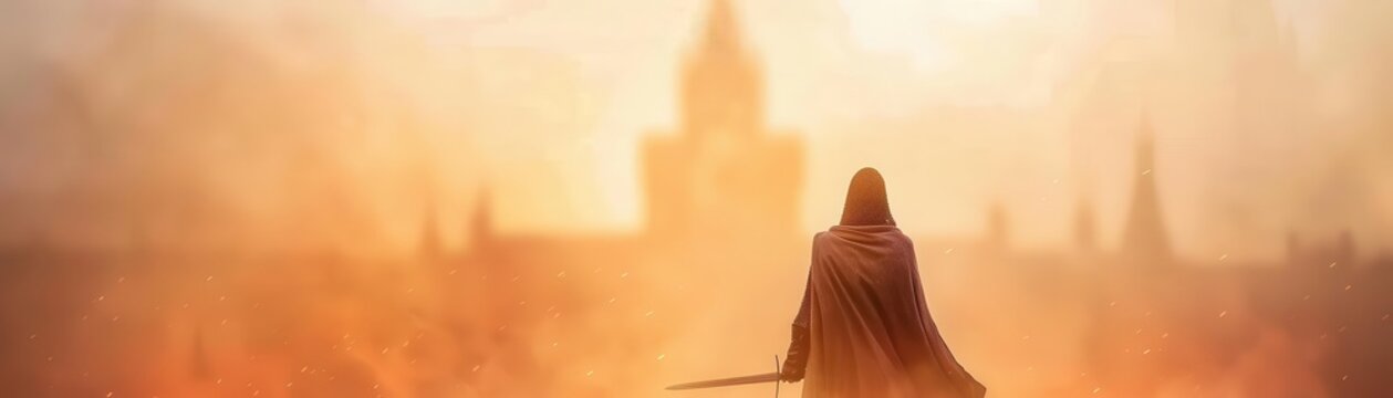 Silhouette of a cloaked figure wielding a sword, standing before a mysterious misty fortress at dawn, embodying fantasy and adventure.