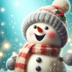 Closeup of cute funny laughing snowman with wool hat and scarf