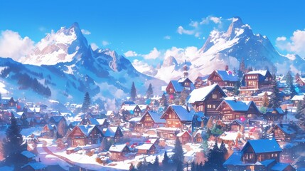 An anime mountain village covered in snow, cozy wooden houses with smoke rising from chimneys, and pine trees dotting the landscape