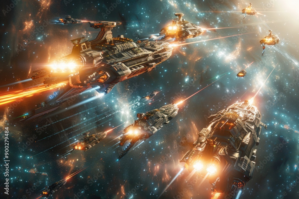 Poster a group of spaceships flying through a galaxy