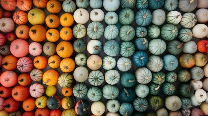 A row of pumpkins of different colors and sizes