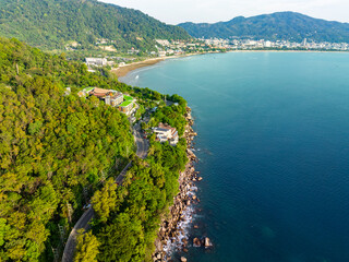 Obraz premium Amazing seascape view seashore and waves crashing on rocks,Aerial view beautiful sea in Phuket island Thailand