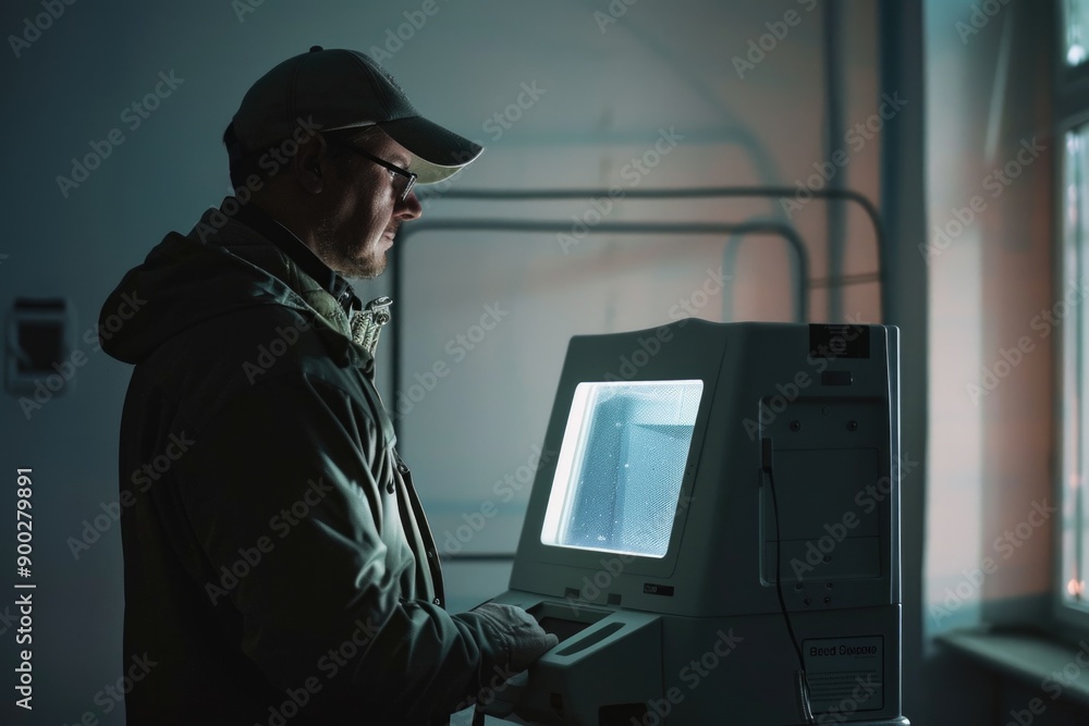 Poster A person sitting in front of a desktop computer with a blank screen