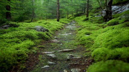 Obraz premium A ground-level view of a trail covered in moss, suggesting a soft and silent path for trekking, used in promoting serene hiking experiences.