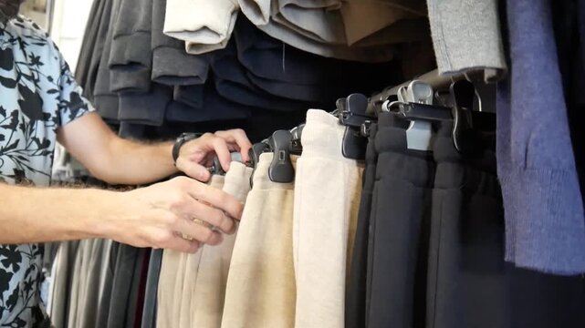 A male buyer choosing pants in a clothing store