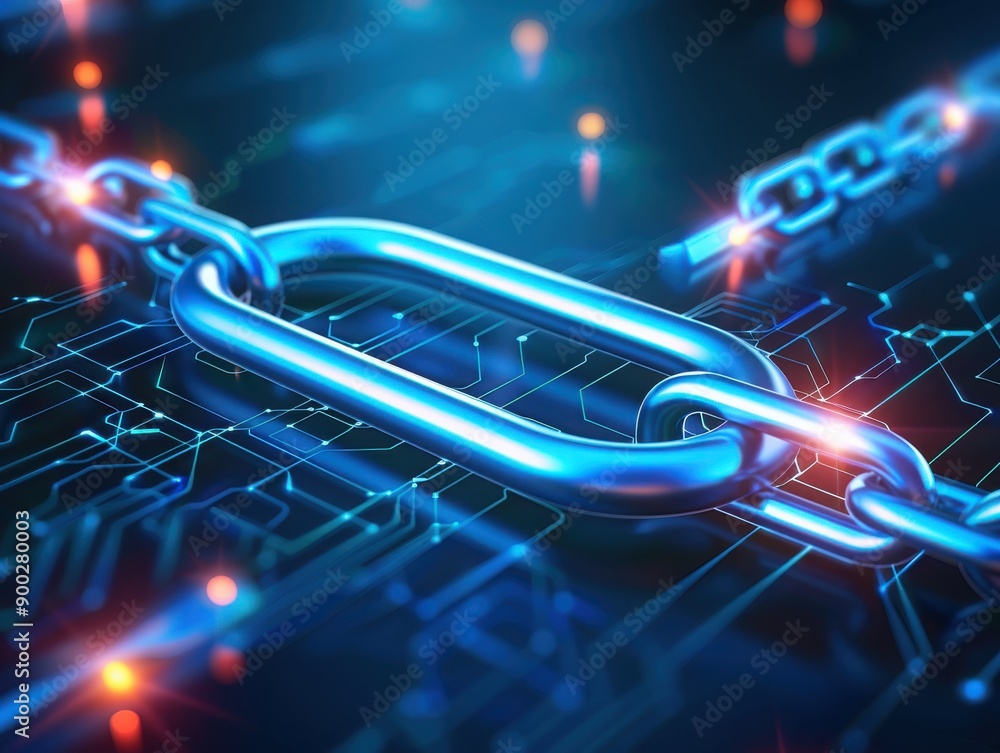 Poster a close-up of a blue chain link against a digital circuit background, symbolizing connectivity in te