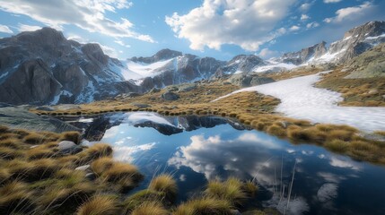 Obraz premium A high-altitude lake reflecting the sky, surrounded by rugged mountains covered with patches of snow and wild grasses swaying in the wind.
