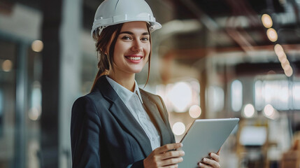 Smiling businesswoman with tablet and construction helmet at construction site