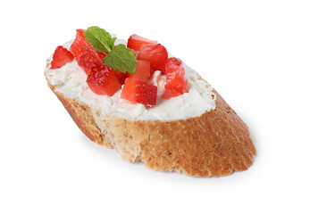 Delicious ricotta bruschetta with strawberry and mint isolated on white