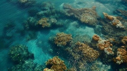 Obraz premium A high-resolution aerial view of a coral reef, with natural textures of the coral and surrounding water, ideal for nature-inspired graphic backgrounds.