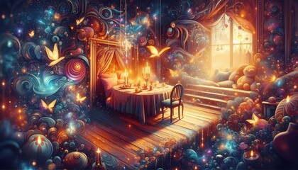 Obraz premium “Festive fractal lights illuminating a Christmas tree in a cozy winter room”