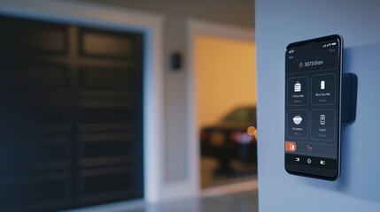 A high-tech garage door opener app on a smartphone, with the garage door visible in the background starting to open automatically.