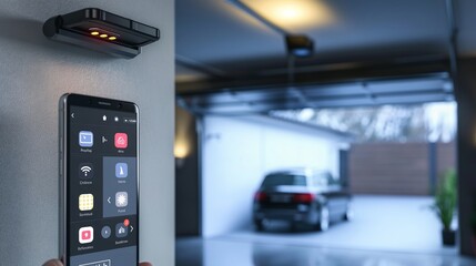 A high-tech garage door opener app on a smartphone, with the garage door visible in the background starting to open automatically.