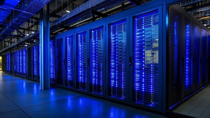 A high-security data center with rows of servers illuminated by blue LED lights, encased in reinforced glass with biometric access controls.