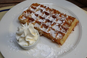 Brussels-style waffles at a cafe in Bruges, Belgium