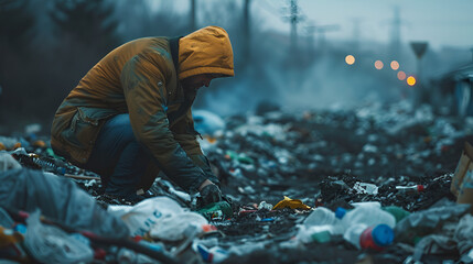 A person looking for food by going through trash