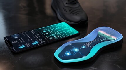 A high-tech shoe insole displayed next to a smartphone, showing pressure points and gait analysis to help correct posture and enhance running efficiency.
