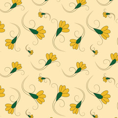 Floral seamless pattern design with daylily flowers isolated on light skin background.