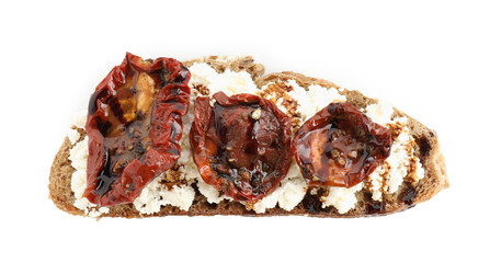 Delicious ricotta bruschetta with sun dried tomatoes and sauce isolated on white, top view