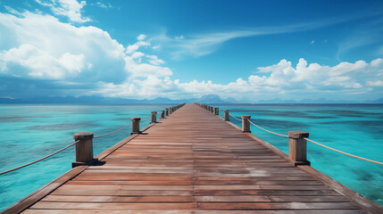 Fototapeta premium A wooden pier and bridge over the sea at sunset. Endless wooden jetty stretches across calm turquoise water towards the distant horizon