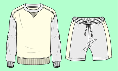 Boys and mens drop shoulder crew neck color block sweatshirt and shorts flat sketch outline vector fashion illustration template.