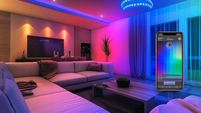 A living room with smart LED strip lighting that changes colors via a smartphone app, showing the app's interface with a color wheel for selection.