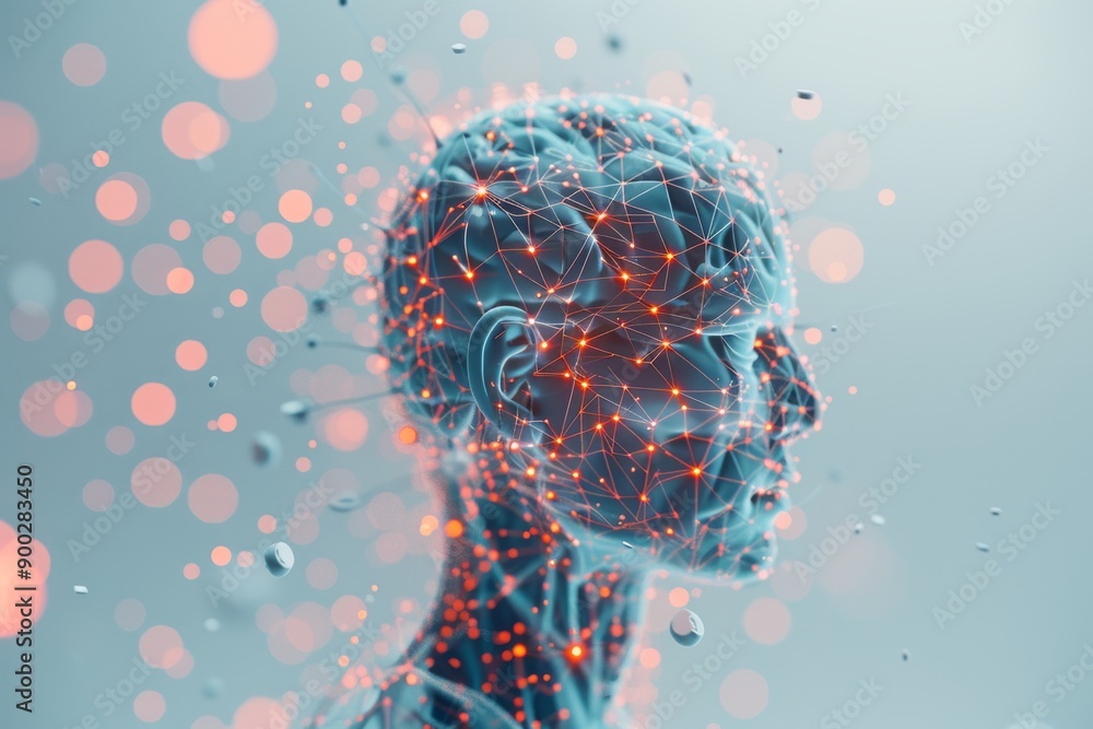 Poster artistic profile with neural networks highlighting digital intelligence and connectivity