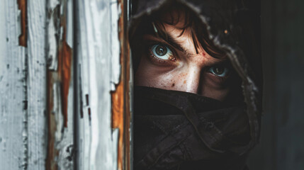 a thief hidden behind a door, masked and peering cautiously, evoking a sense of mystery and danger. The scene suggests stealth, criminal activity, and heightened alertness