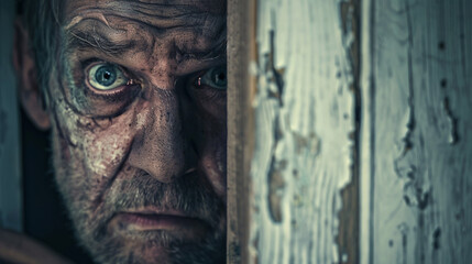 a thief hidden behind a door, masked and peering cautiously, evoking a sense of mystery and danger. The scene suggests stealth, criminal activity, and heightened alertness