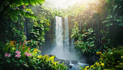 Naklejka premium A cascading waterfall in a lush tropical jungle surrounded by vibrant greenery and sunlit mist
