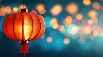 Stunning Chinese New Year lantern shining brightly against a beautiful bokeh lights background.