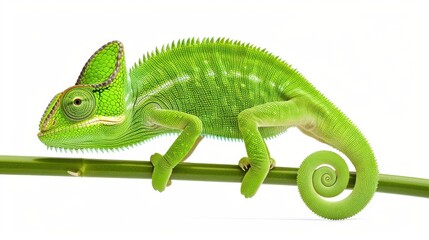 Fototapeta premium Detailed illustration of a vibrant green chameleon on a white background, perching on a tree branch.