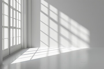 Minimalist room with large windows, sunlight and shadows on white walls and floor