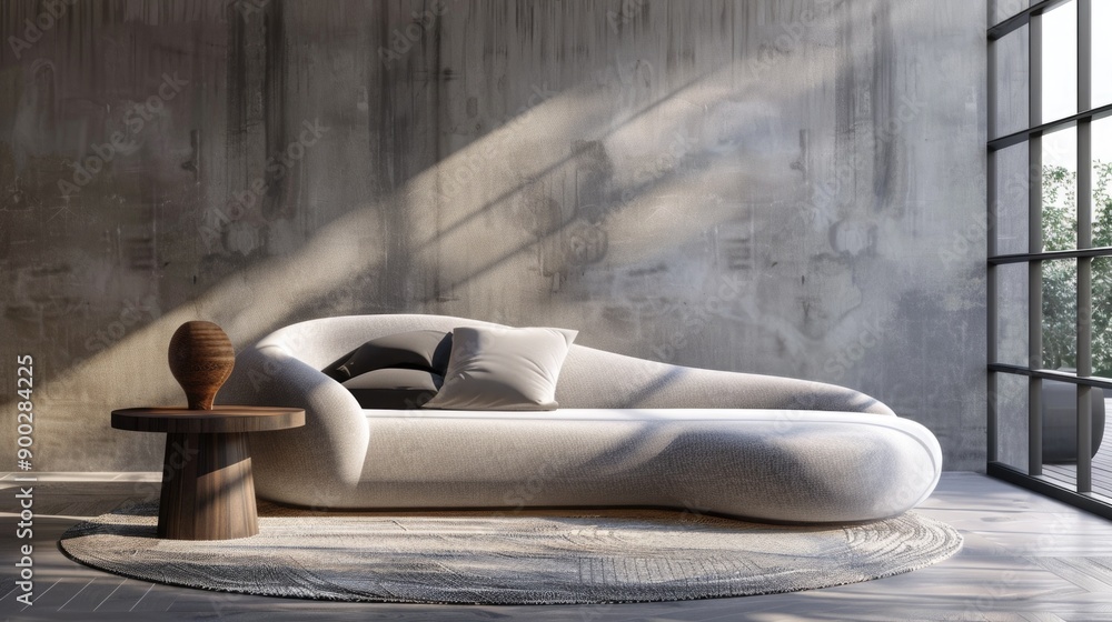 Poster a white couch sits in front of a large window with natural light