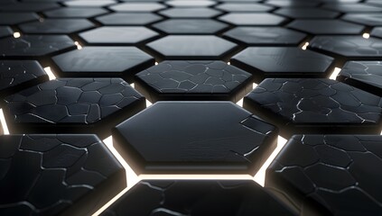 Obraz premium 3d render of black hexagon tiles with white lights shining through, high resolution