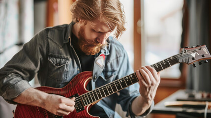 A rock musician who isn't well-known is preparing for a performance by adjusting the strings on his electric guitar.