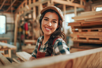 Smiling young woman at a carpentry. Concept for vocational training, opportunities and success.