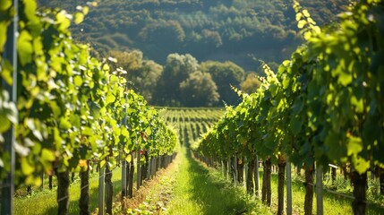 Picturesque Vineyard with Lush Green Vines and Rolling Hills