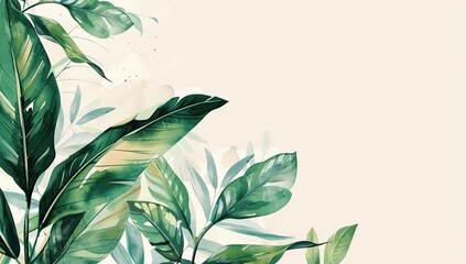 Watercolor illustration of green leaves highlighted against a warm beige backdrop