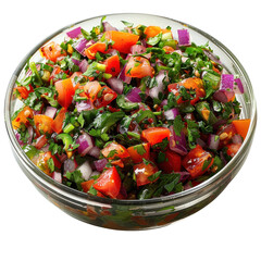 Fresh Salad with Tomatoes, Red Onion, and Herbs in a Glass Bowl.