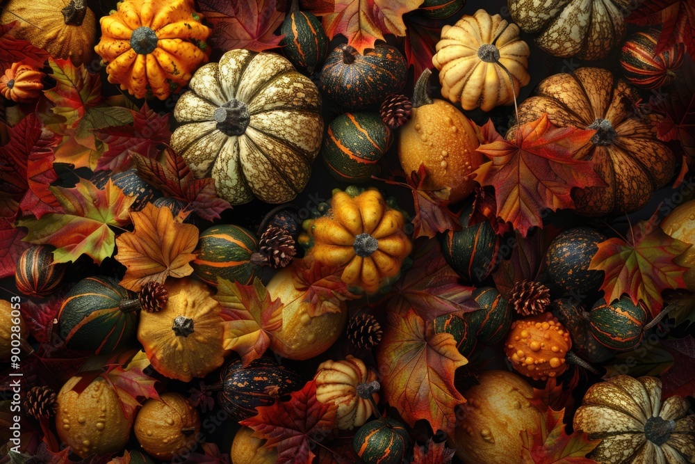 Wall mural A large accumulation of gourds and leaves, perfect for autumn or harvest-themed images